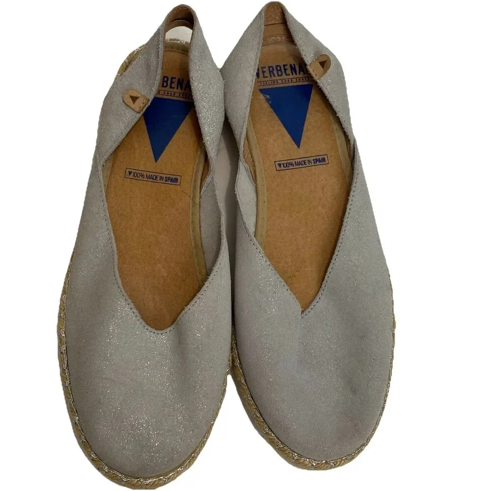 VERBENAS Carmen Leather Slip on Espadrilles Shoes Womens 40 US 9.5-10 Silver